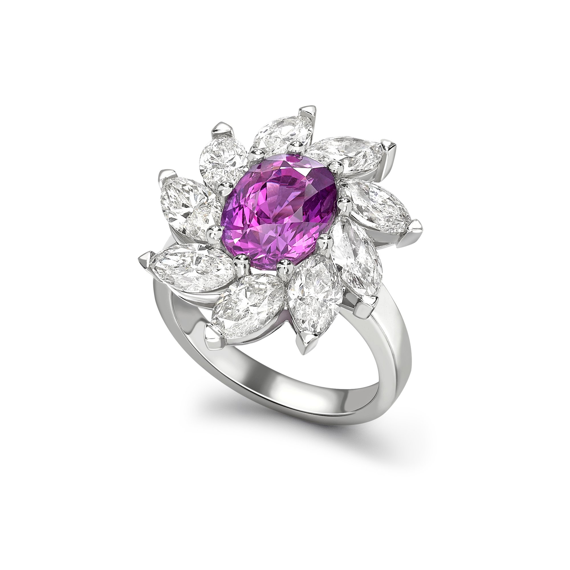 Wyatt Jewellery Pink Sapphire and Diamond Cocktail ring with Marquise diamonds in Platinum