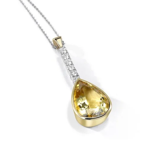 Pear shaped Heliodore Beryl with diamonds in Yellow & White gold Season- Spring. 