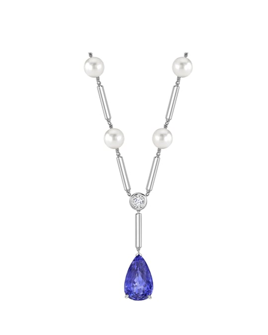 Pear shaped Tanzanite in white gold with a 0.50ct diamond and Pearls.  Season- Winter.